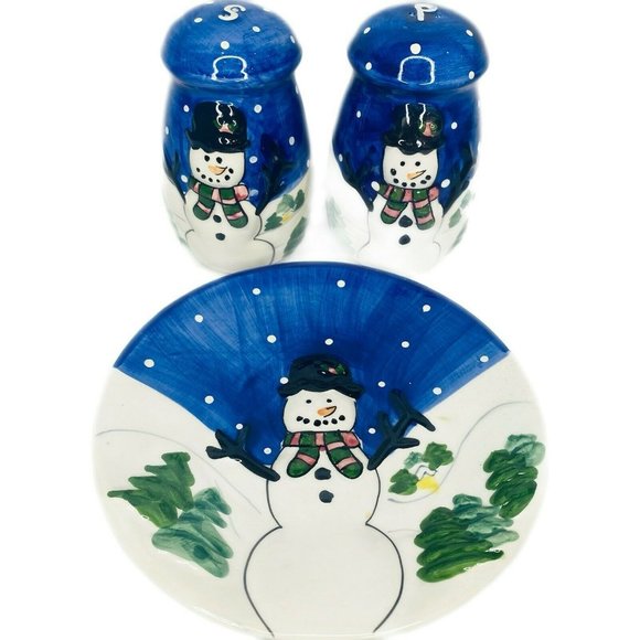 Vintage 90s Christmas Plate Salt & Pepper Snowman Loomco Hermitage Pottery 1998 - Picture 1 of 12